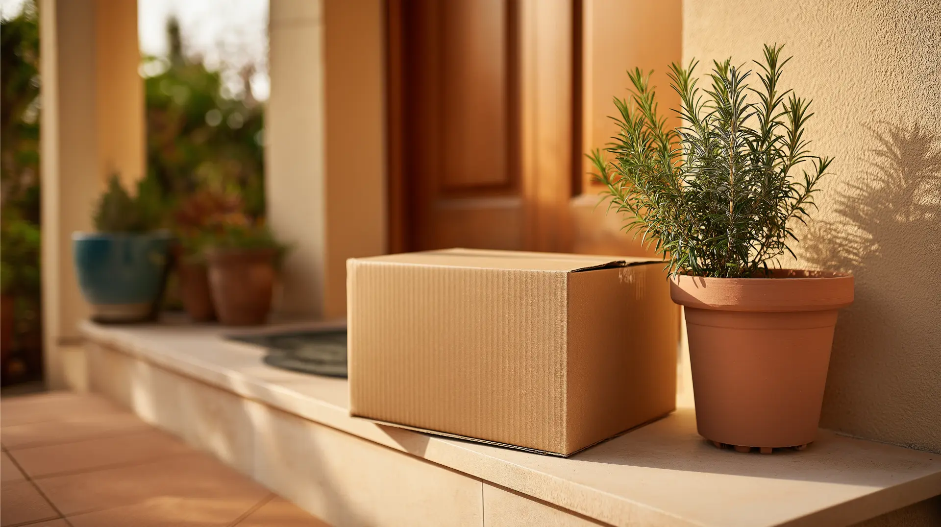 THC wine delivery box waiting on a sunny front doorstep next to a potted rosemary plant, showing how to buy THC wine online and have it shipped home