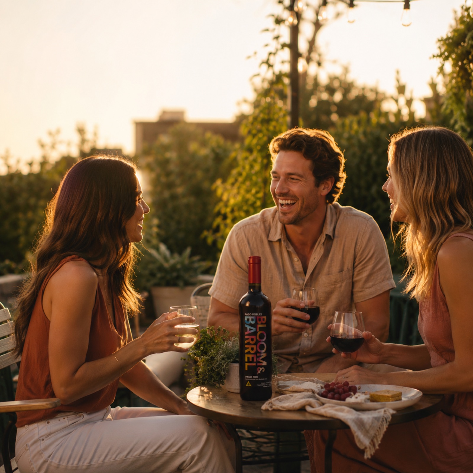 Friends enjoying Bloom & Barrel wine together outdoors