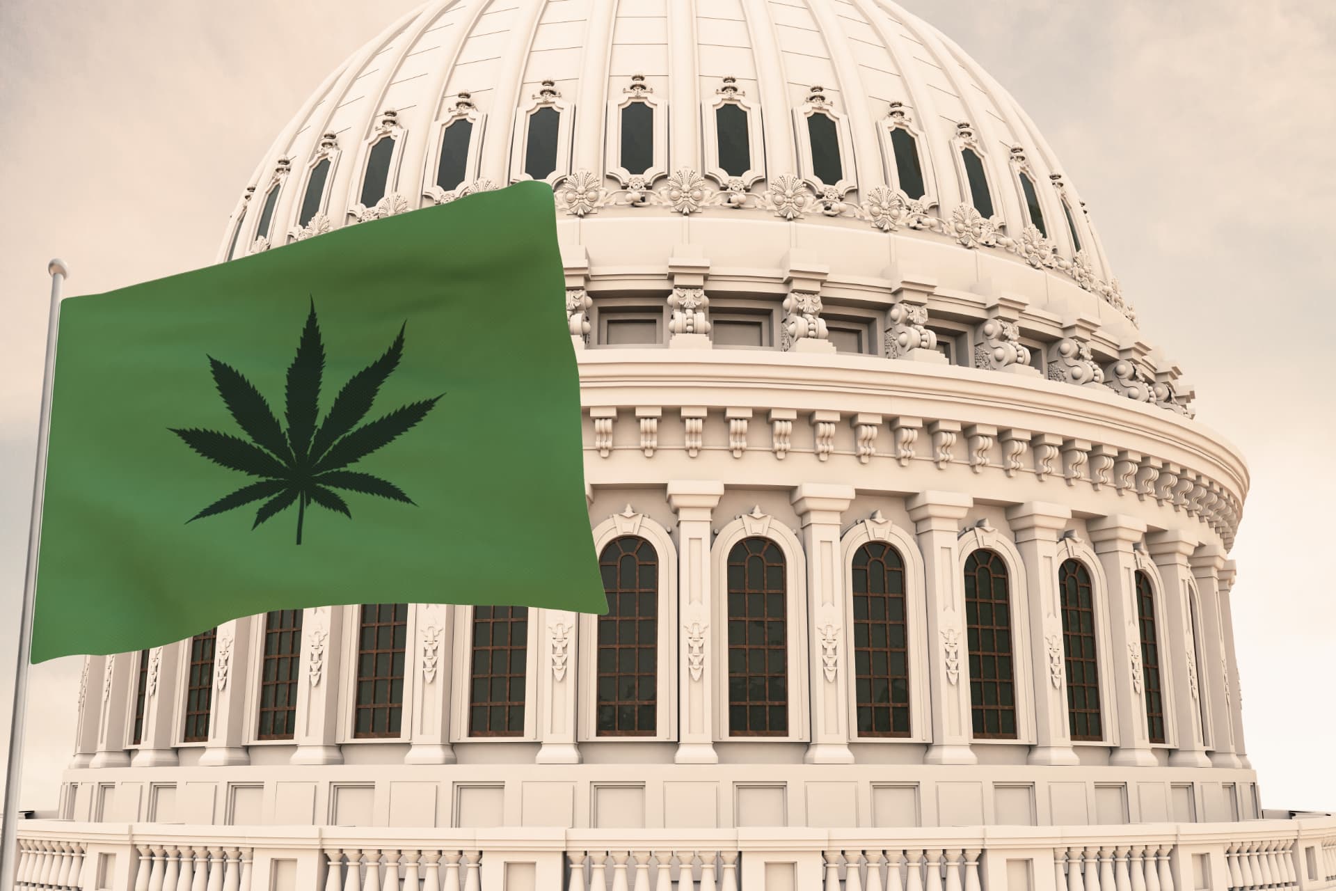 Green cannabis leaf flag flying in front of the U.S. Capitol dome, illustrating federal and state delta 9 THC wine laws