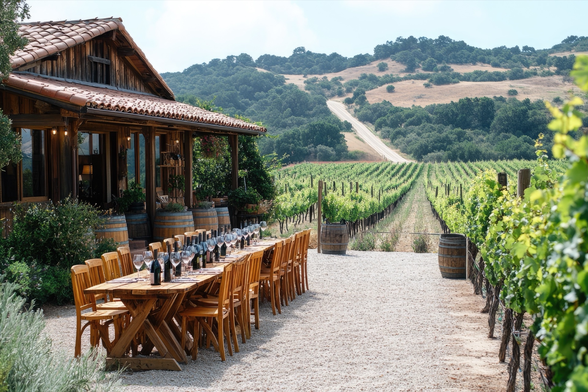 Outdoor vineyard table set for a wine tasting in Paso Robles