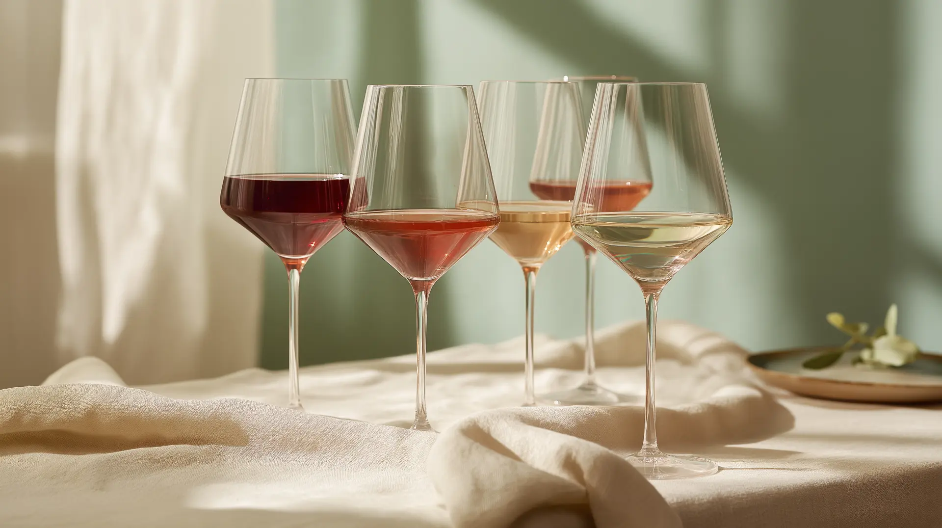 Five glasses of cannabis wine, from red to rosé to white, on a cream linen table in soft window light, comparing THC wine and CBD wine styles