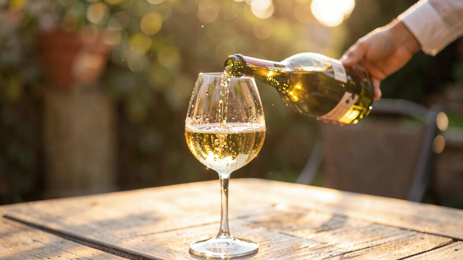 Non-alcoholic THC Chardonnay being poured into a wine glass on a patio table in late afternoon light
