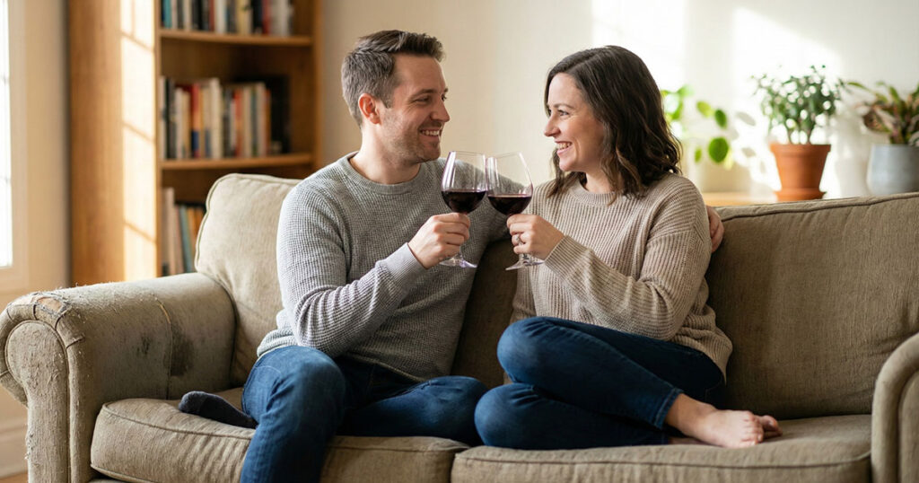 Relaxing with a glass of Bloom & Barrel