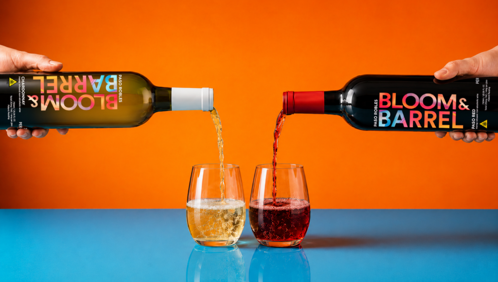 Non-alcoholic THC Wine being poured from Bloom & Barrel Paso Red and Chardonnay bottles
